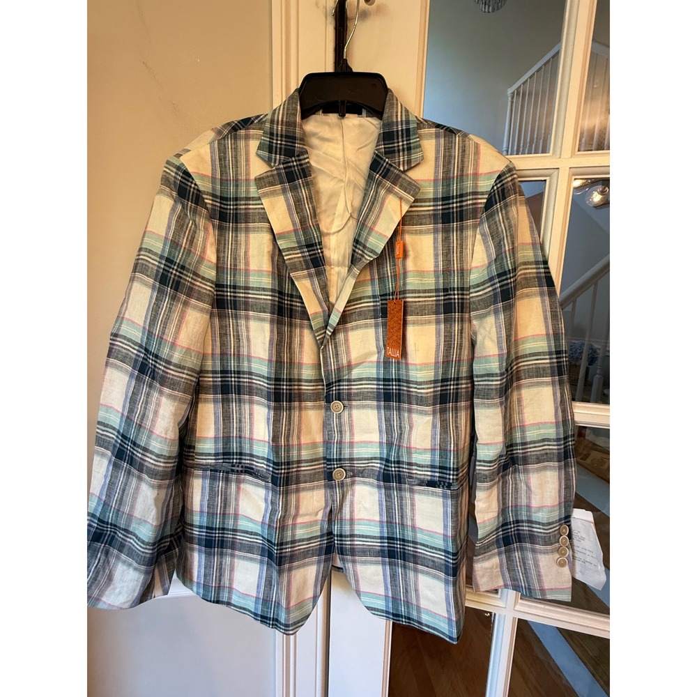 Tallia Orange Mens 42 Short Linen Plaid Sport Coat Blazer Blue Multicolor NEW